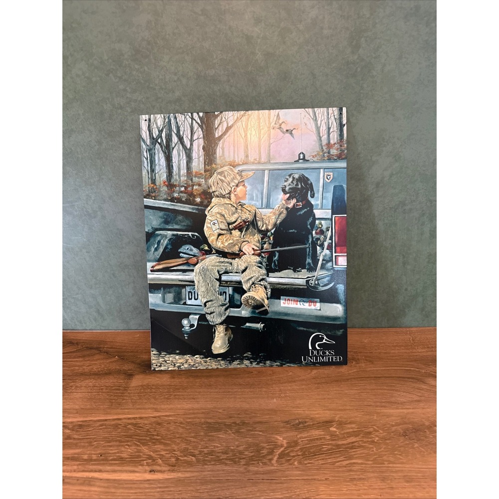Ducks Unlimited Metal Tin Sign Boy and Black Lab Truck Hunting Decor 16x12.5